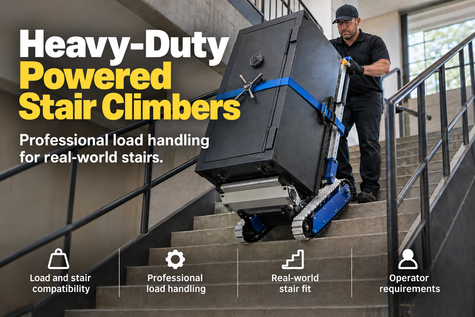 Heavy-duty powered stair climber moving a large load on commercial stairs