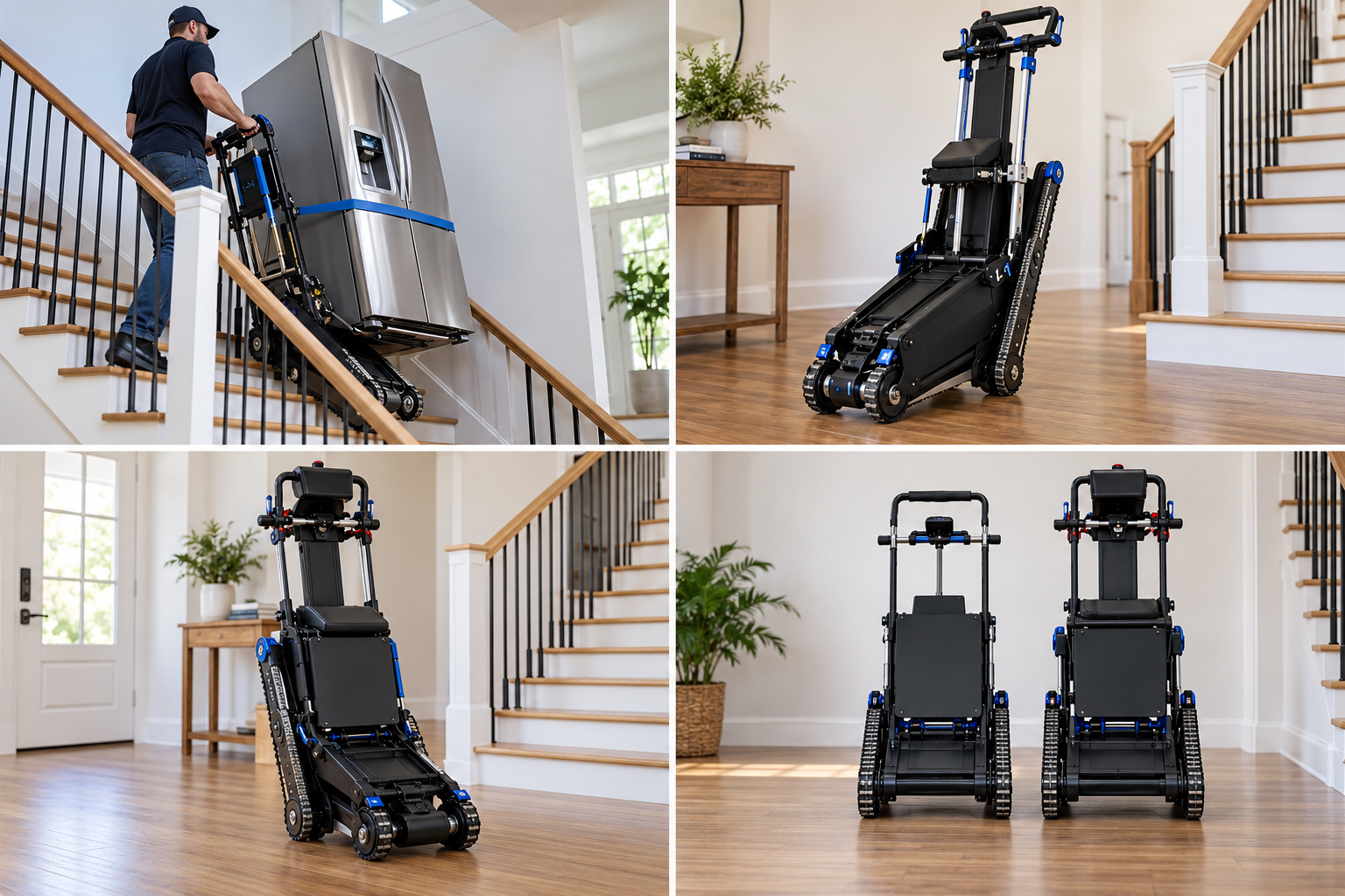 Powered stair climber moving a large household appliance on stairs