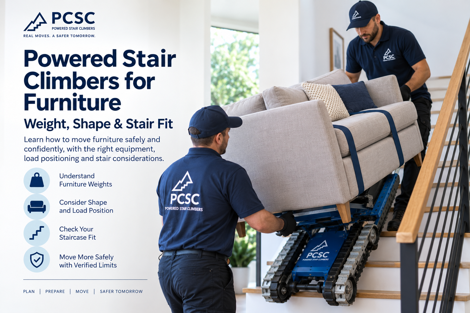 Powered stair climber moving bulky furniture on residential stairs