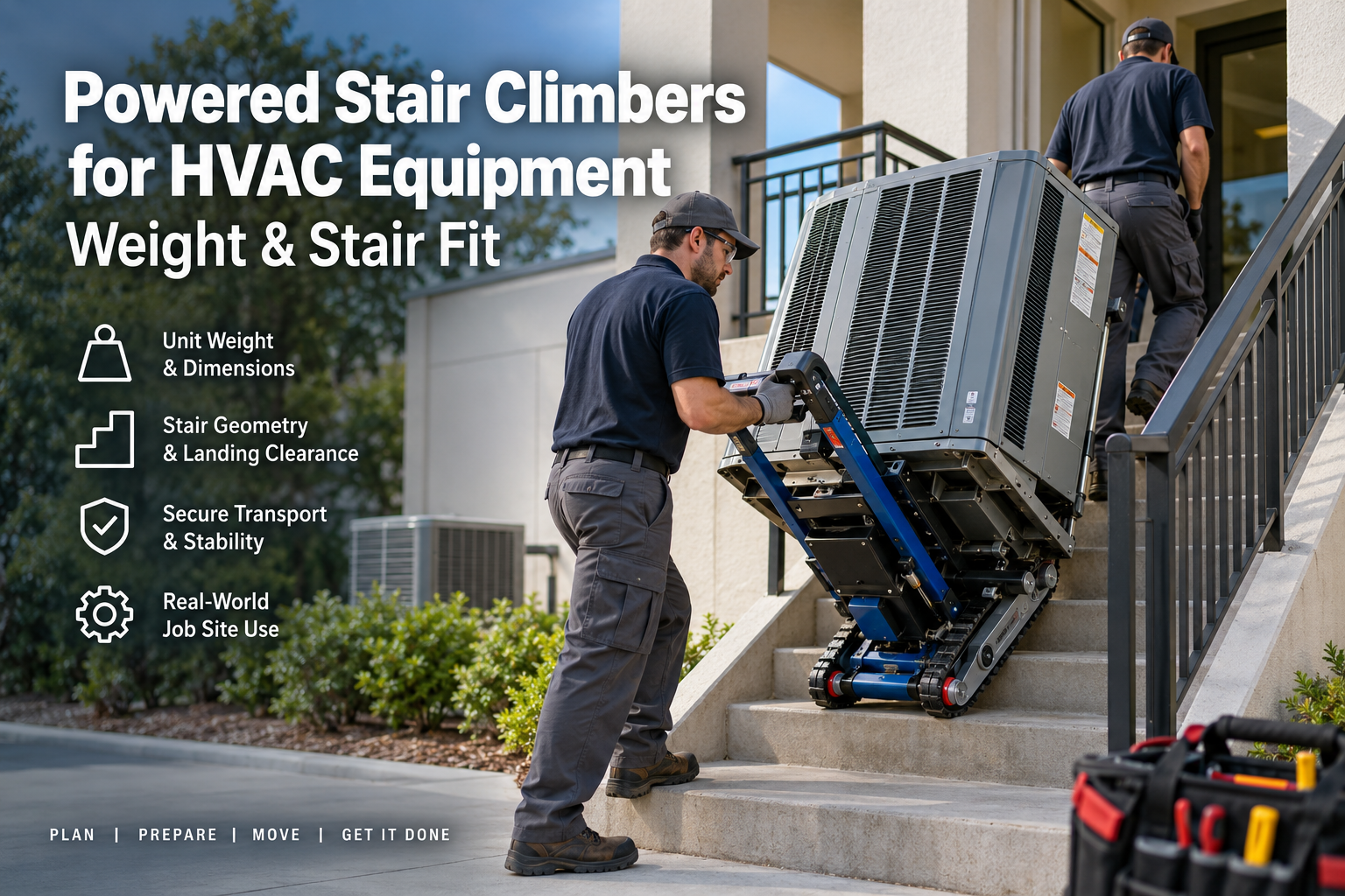 Powered stair climber moving HVAC equipment on stairs