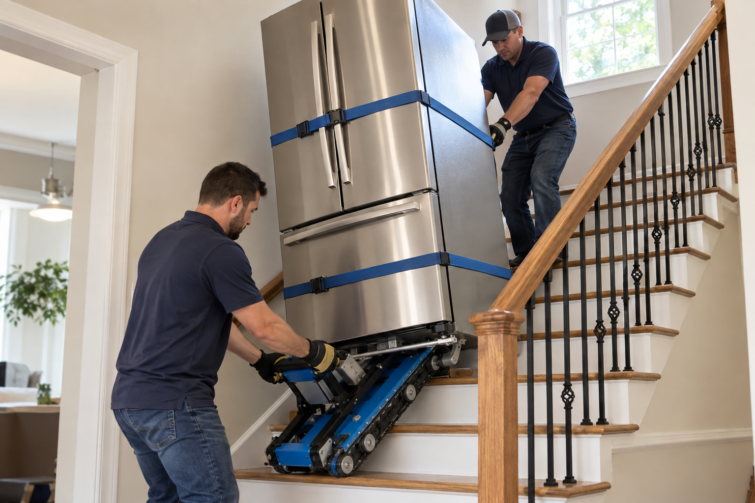 Powered stair climber moving a refrigerator up residential stairs