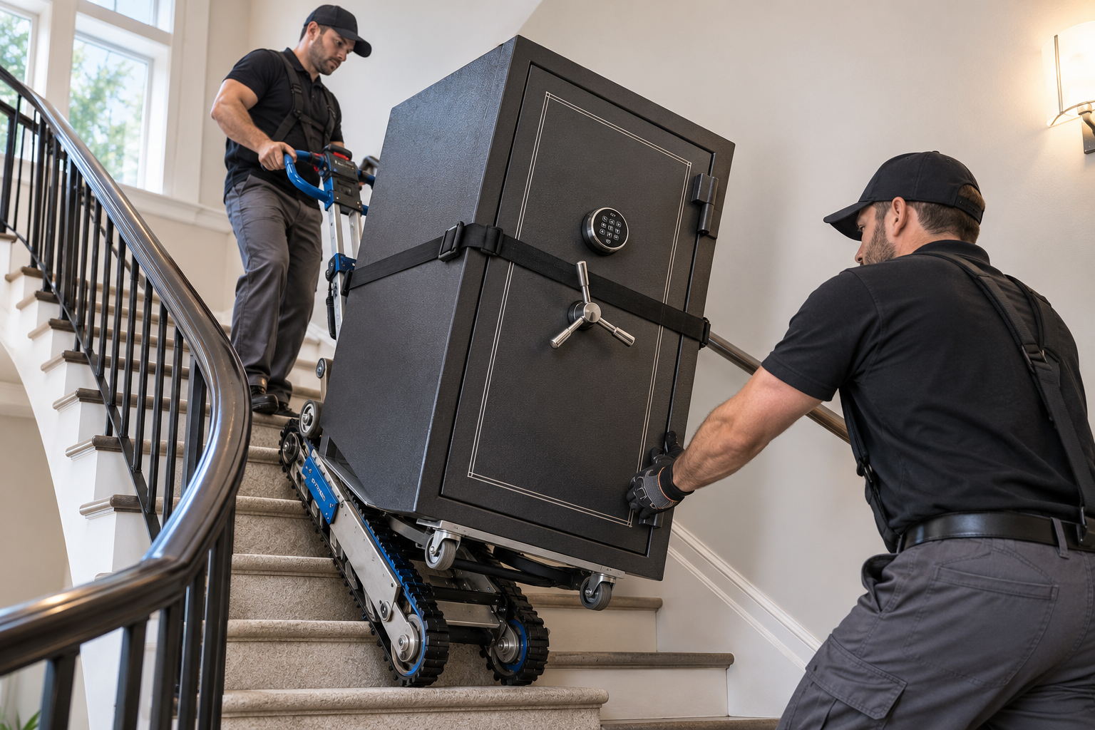 Powered stair climber moving a heavy safe on stairs