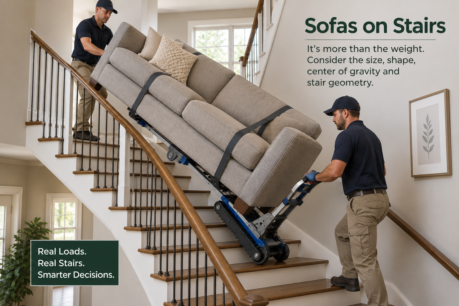 Powered stair climber moving a sofa on residential stairs