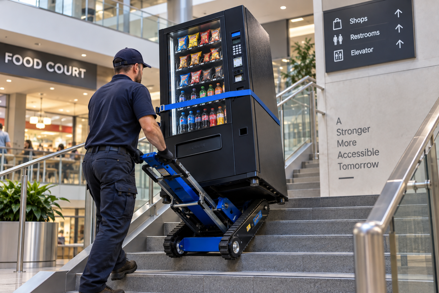 Powered stair climber moving a vending machine in a commercial building
