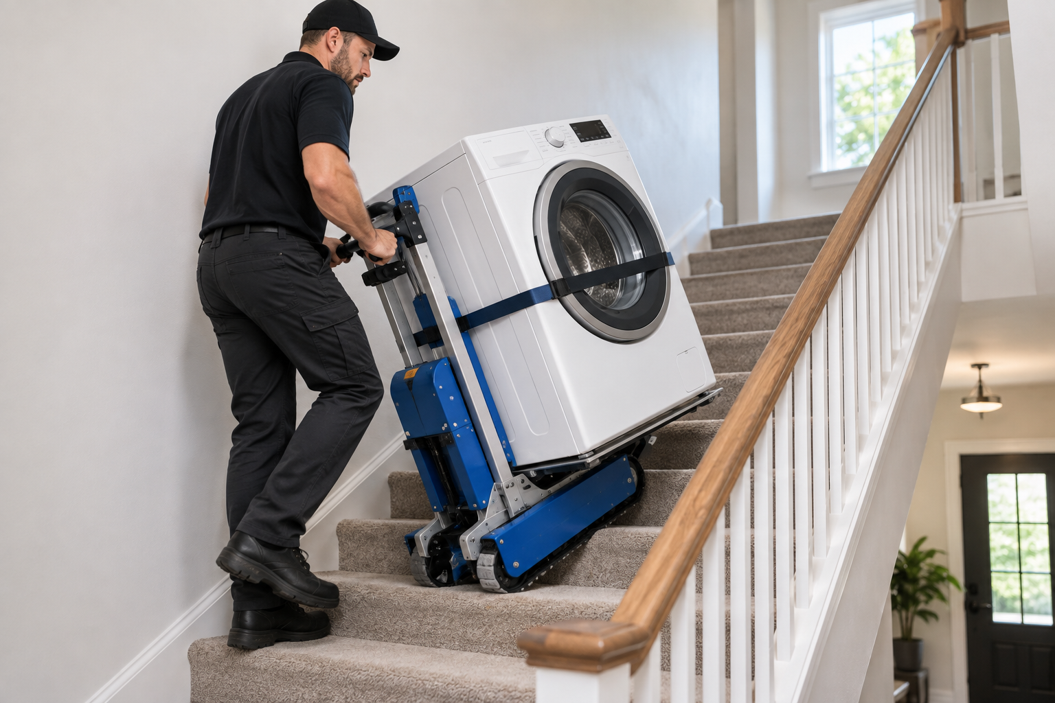 Powered stair climber moving a washing machine up residential stairs